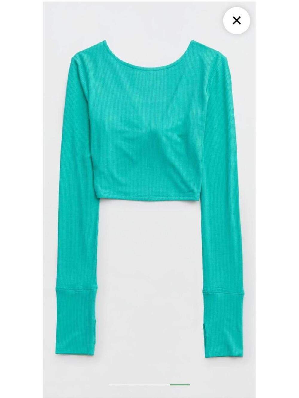 Aerie OFFLINE Teal Ribbed Modal Crop Top Long Sleeve Bow Thumbholes Large - Picture 4 of 9